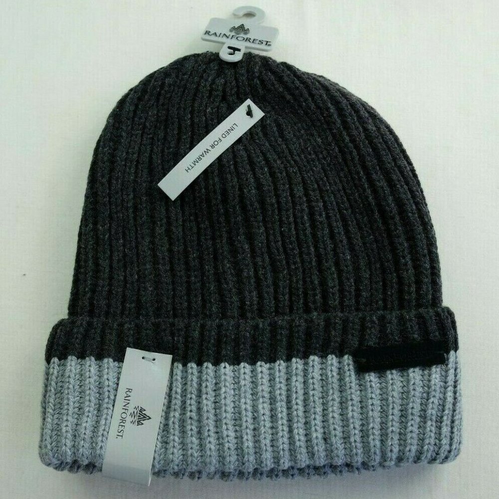 Rainforest Men's Beanie Hat Charcoal Grey One Size Ribbed Cuff Warm New MSRP$38